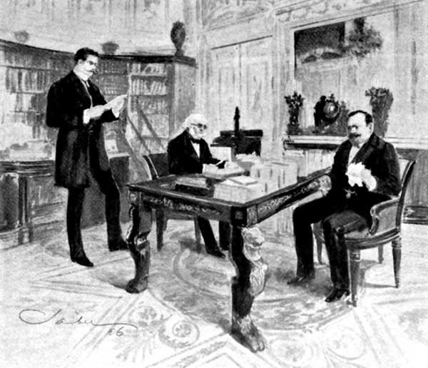 THE BARON BLEW AND PUFFED LIKE A PRIZE-FIGHTER WHEN I HAD FINISHED THE PERUSAL. "THERE," HE CRIED; "I RECEIVE A LETTER LIKE THAT—I, THE BARON GIRAUD—OF THE HIGH FINANCE."