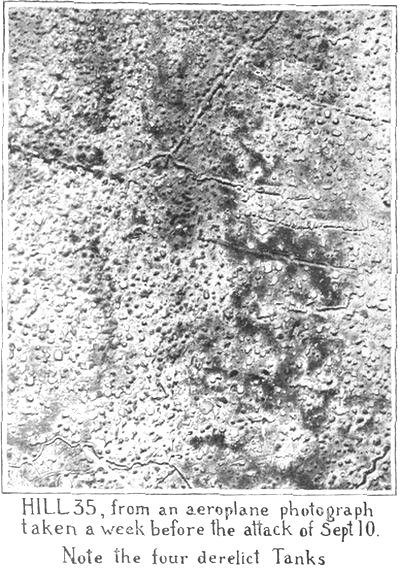 HILL 35, from an aeroplane photograph taken a week before the attack of Sept 10. Note the four derelict Tanks.