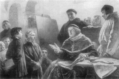 A painting showing Bishop Willigis in the Cloister school, surrounded by students and monks who listen as he talks.