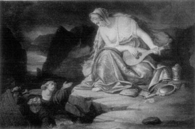 A painting showing Lorelei sitting on her rock in the river, playing a lute. Below and to the left of her are the old sailor, and Ronald, who is reaching his hand up to her, while she looks down on them both.