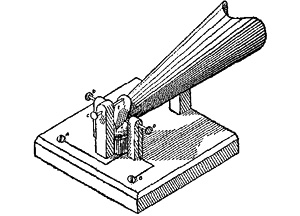 Fig. 6.—Mouth-key (Isometric drawing) The metallic tongue E swings over the mercury H, making or breaking the circuit A H E D B or C E H A. The tongue is moved by a puff of air through the funnel F. (Devised by Prof. W. Libbey.)