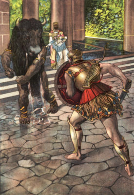 Hercules, armoured and carrying sword and shield, faces the Minotaur, a muscled man with the head of a bull.