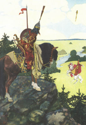 A man on a horse watches as another rider, in the field below, throws an enormous club into the air.