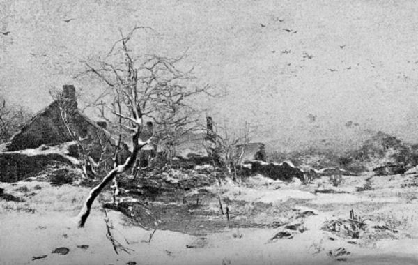 Some cottages can be seen to the left of a snow covered landscape. A tree, bare of leaves and covered with snow stands to the left of the foreground.