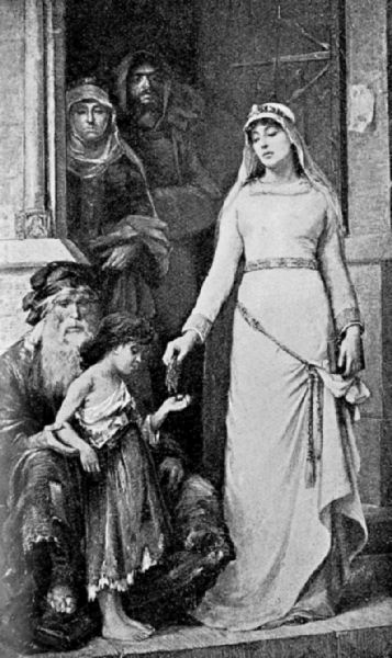 An elderly man sits on a step, a young child with him. Both are dressed in rags. A well-dressed woman drops something into the child"s outstretched hand, while a couple look on from a doorway behind her.