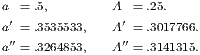 a = .5,        A  =.25. a′ = .3535533,  A′ =.3017766.  ′′            ′′ a = .3264853,   A  =.3141315. 