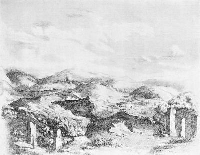 View in the Kasya Hills, showing stone memorials (reprinted from "Asiatic Researches").