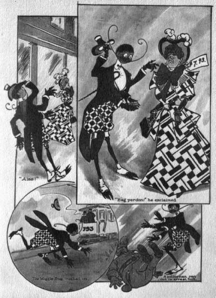 The Woggle-Bug cries 'Alas,' begs the woman's pardon, rushes after the automobile, and pushes an police officer aside.