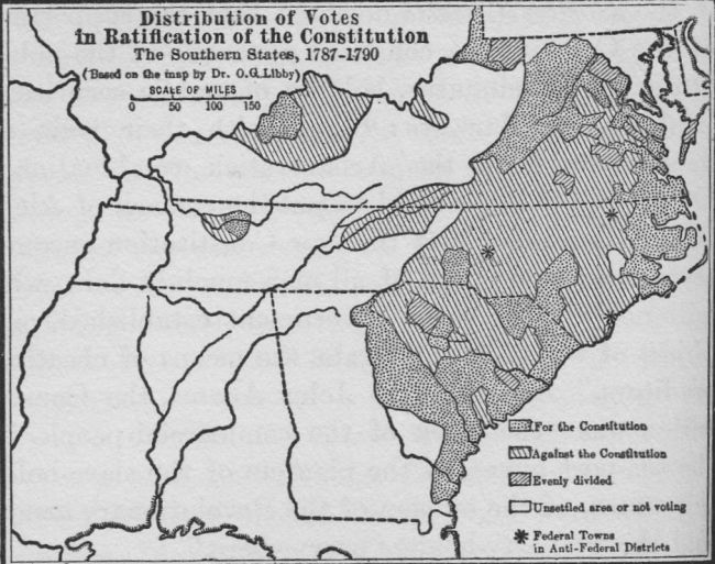 Distribution of Votes in Ratification of the Constitution, The Southern States, 1787-1790 (Based on the map by Dr. O. G. Libby)