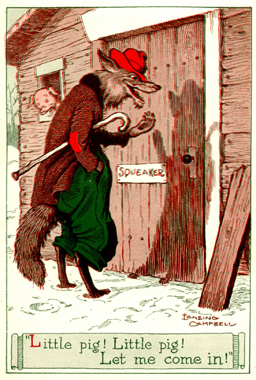 A wolf knocks on a door, while a pig looks out of the window.
