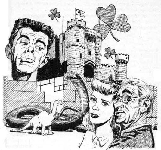 Drawing of a man's face, a castle, a four leaf clover, a dinosaur.