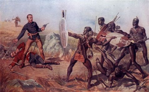 LIEUTENANTS MELVILL and COGHILL (24th REGIMENT) DYING TO SAVE THE QUEEN'S COLOURS. An Incident at the Battle of Isandlwana. Painting by C. E. Fripp.