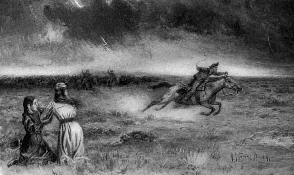 "JUST THEN ANOTHER FLASH CAME AND SHOWED A COW-BOY LEANING FAR OVER THE NECK OF HIS PONY, RIDING FOR HIS LIFE."