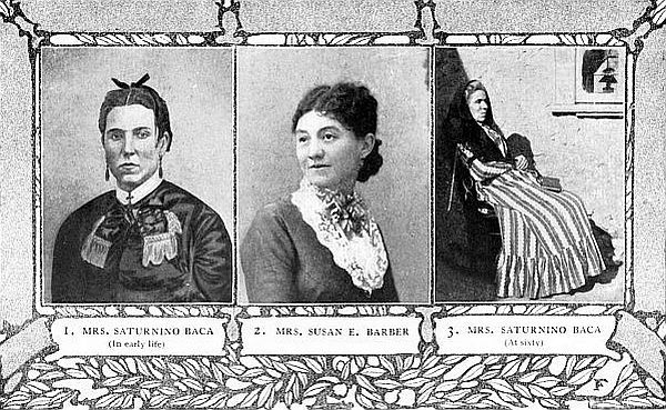 1. MRS. SATURNINO BACA (In early life) 2. MRS. SUSAN E. BARBER 3. MRS. SATURNINO BACA (At sixty) The "women in the case" in the Lincoln County War Mrs. Susan E. Barber was known as the "Cattle Queen of the West"