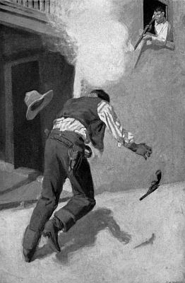 From a painting by John W. Norton "THE NEXT INSTANT HE FIRED AND SHOT OLLINGER DEAD"