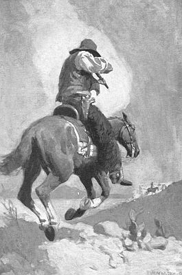 From a painting by John W. Norton A TYPICAL WESTERN MAN HUNT Pat F. Garrett chasing Tom O'Folliard