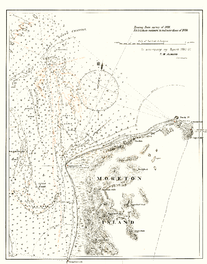 Map of Moreton Bay. Tracing from survey of 1891. 3 & 5 fathom contours in red were those of 1886.