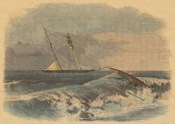 A ship sails onwards, while nearby a rowing boat overturns in the waves, tipping the occupants into the sea