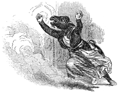 A man, with a long nose and ears (almost resembling a donkey), is running, arms raised above his head