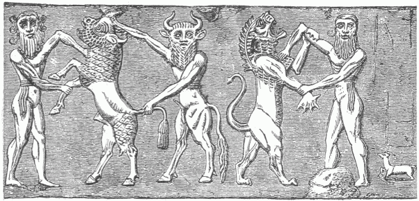 77.—IZDUBAR AND ÊABÂNI FIGHT THE BULL OF ISHTAR.—IZDUBAR FIGHTS ÊABÂNI'S LION (BABYLONIAN CYLINDER). (Smith's "Chaldea.")