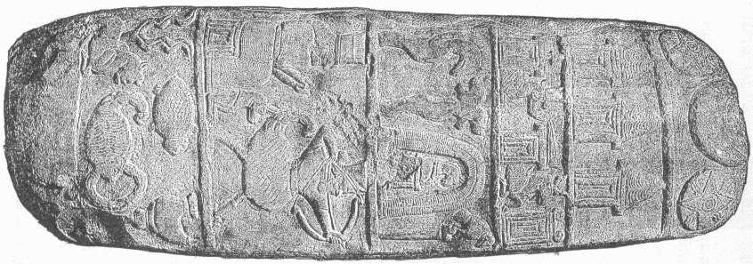 80.—STONE OBJECT FOUND AT ABU-HABBA (SIPPAR) BY MR. H. RASSAM, SHOWING, AMONG OTHER MYTHICAL DESIGNS, SHAMASH AND HIS WARDER, THE SCORPION-MAN.