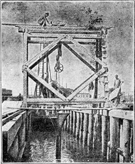 Fig. 34.—Tremie and Traveler Used at Charlestown, Mass., Bridge.