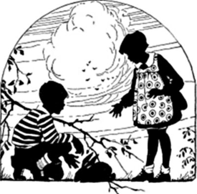 A boy crouches next to a rabbit; a girl stands facing him.