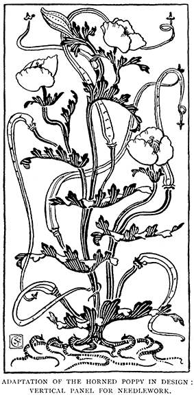 Adaptation Of The Horned Poppy In Design: Vertical Panel For Needlework.