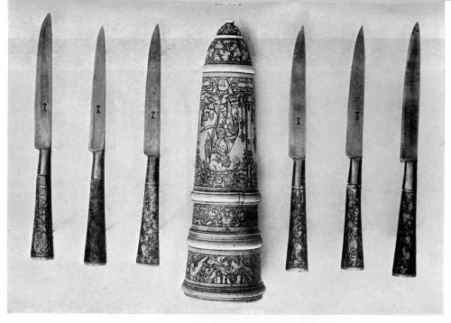 FIG. 18.—HANDSOMELY DECORATED KNIFE CASE AND CONTENTS.  (In the Victoria and Albert Museum.)