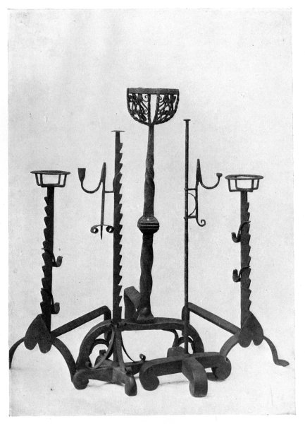 FIG. 2.—ANDIRONS WITH RATCHETS. FIG. 3.—ORNAMENTED CRESSET DOGS. FIG. 4.—TELESCOPIC RUSH AND CANDLE HOLDER. FIG. 5.—RATCHET RUSH AND CANDLE HOLDER.