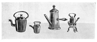 FIGS. 58, 59.—MINIATURE COPPER AND SILVER KETTLES.  FIG. 60.—MINIATURE IVORY COFFEE BOILER.