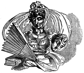 Vignette including the bust of a woman, a fan, a book, and a mask.