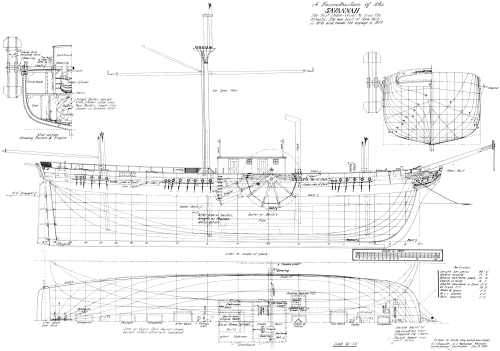 Figure 6.—Reconstruction of the hull lines and general arrangement of the Savannah.