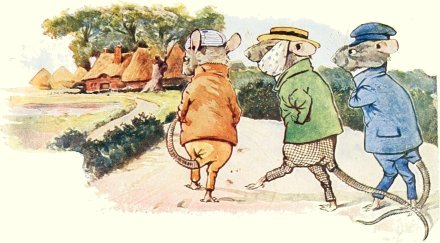 three mice approach a farm