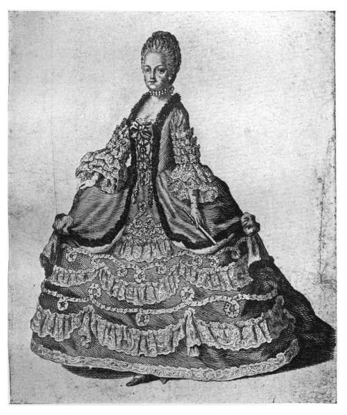 MARIE ANTOINETTE, QUEEN OF LOUIS XVI., SHOWING HOW MECHLIN LACE WAS USED.  From an old fashion plate.