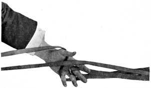 Fig. 76.—Double reins in left hand: one crossed, the other hooked up on middle finger.