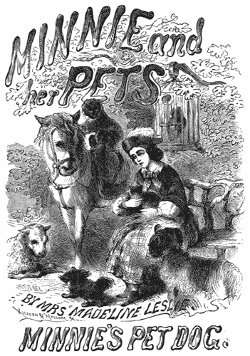 A seated girl, holding a cat, surrounded by a pony, monkey, lamb, two dogs, and a parrot