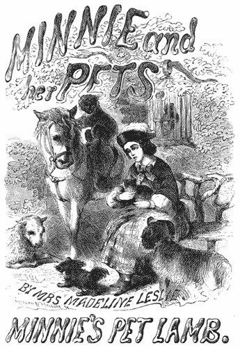 A seated girl, holding a cat, surrounded by a pony, monkey, lamb, two dogs, and a parrot