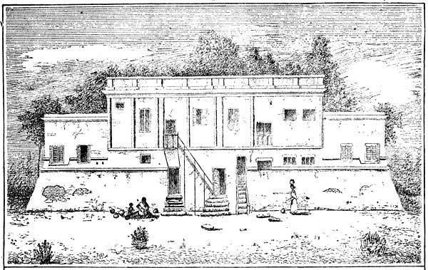 REMAINS OF THE EGMORE FORT.  The building is in the Male Asylum Road, and is now the residence of some railway employees. Its upper part has been built upon a battlemented wall, and doors have been let into the wall. The outlines of the original wall and of some of the battlements can be easily traced.