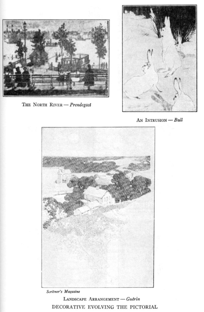 Decorative Evolving the Pictorial; The North River--Prendergast; An Intrusion--Bull; Landscape Arrangement--Guerin