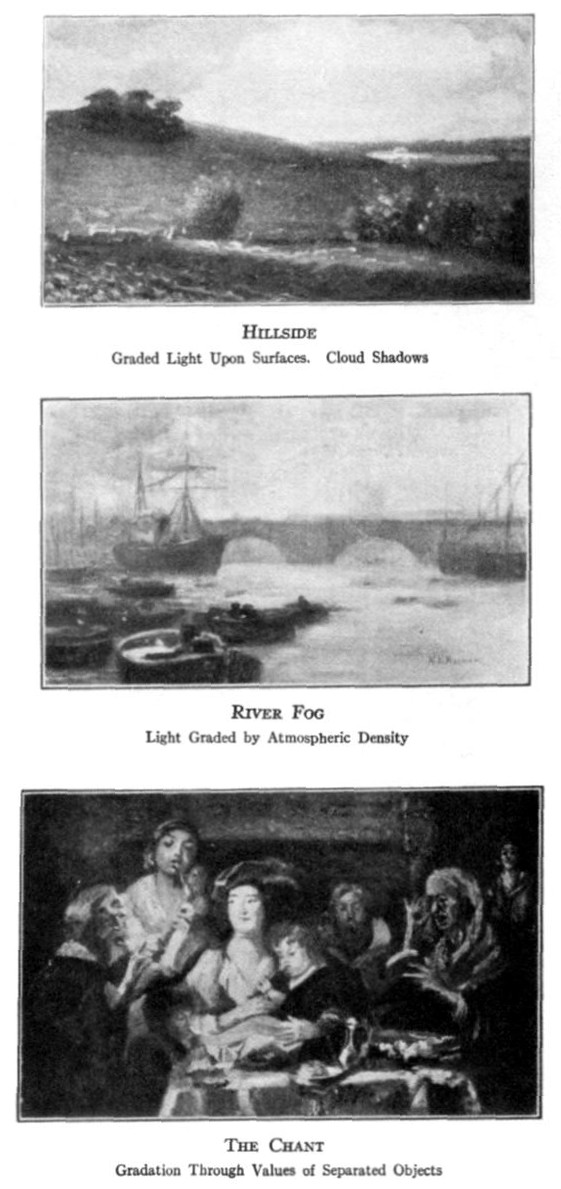 Hillside (Graded Light Upon Surfaces; Cloud Shadows); River Fog (Light Graded by Atmospheric Density); The Chant (Gradation through Values of Separated Objects)
