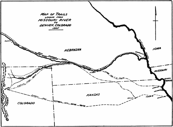 MAP OF TRAILS LEADING FROM MISSOURI RIVER TO DENVER, COLORADO 1865