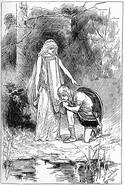 "THE BOY CHIEFTAIN KNELT AND KISSED THE HEM OF THE DARLING LITTLE MAIDEN'S PURPLE ROBE."