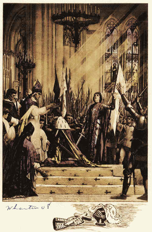 Jeanne d'Arc stands, banner in hand, during the coronation of Charles VII before the high altar at Rheims.