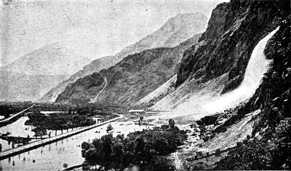 Fig. 26.—Valley of the Rhone, with the waterfall of Sallenches, showing talus of debris.