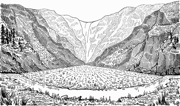 Fig. 28.—Diagram of an Alpine valley showing a river cone. Front view.