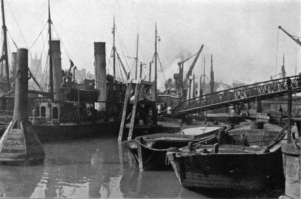 BILLINGSGATE FISH MARKET, LONDON  The Thames Side of the Market, Showing the Steam Carriers Unloading their Cargoes Direct into the Sale Room.