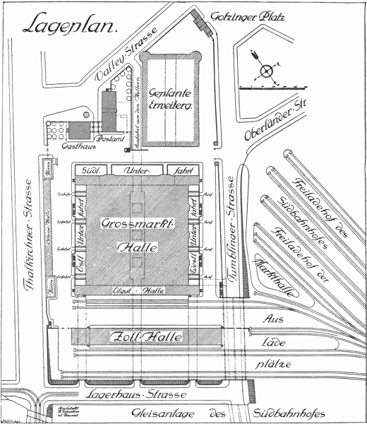 GROUND PLAN OF THE MUNICH MARKET  In front is seen the toll-house and receiving station, then the great market hall and, in the upper part of the picture, the restaurant and administration offices. The sidetracks on the right facilitate the rapid distribution of produce sold at the market. Under the great market hall are large refrigeration chambers connected directly with the railroad.