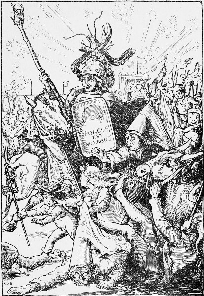 Knights in armour tumbled over their own steeds, donkeys ran snorting about, ladies shrieked.—Page 295.