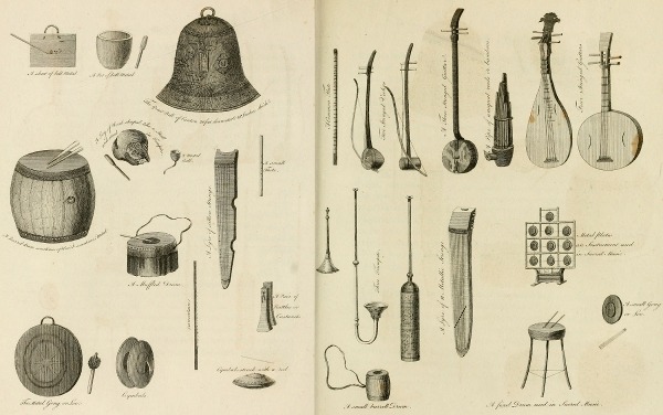 A sheet of bell Metal A pot of bell Metal The Great Bell of Canton 20 feet diameter 8-16 Inches thick. A Barrel drum sometimes of Wood & sometimes Metal. A Log of Wood shaped like a Skull and used in Temples. A Metal Bell. A Lyre of silken Strings. A small Flute. A Muffled Drum. The Metal Gong or Loo Cymbals. Uncertain A Pair of Rattles or Castanets. Cymbals struck with a rod. Alommon Flute. Two Stringed Violins A Three Stringed Guitar. A Pipe of inequal reeds or bamboos. Four Stringed Guitars. Three Trumpets. A Lyre of 11 Metallic Strings. Metal Plates an Instrument used in Sacred Music. A small barrell Drum. A fixed Drum used in Sacred Music. A small Gong or Loo.  Published May 10th, 1804 by Cadell and Davies Strand.  Neele sc. Strand